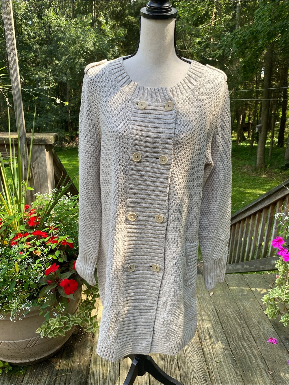 Talbots Cream Double-Breasted Textured Knit Cardigan